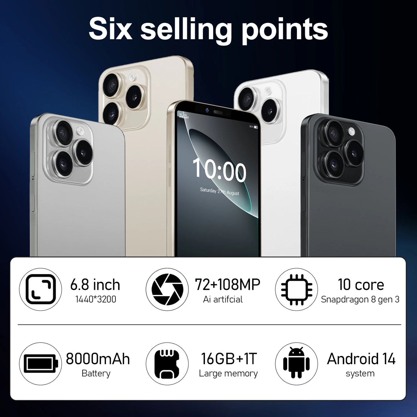 I16 Pro Max New Smartphone 5G 7.3-inch High-definition Android 13 Snapdragon 8gen3 10core Dual SIM Phone 6800mAh Unlocking Phone