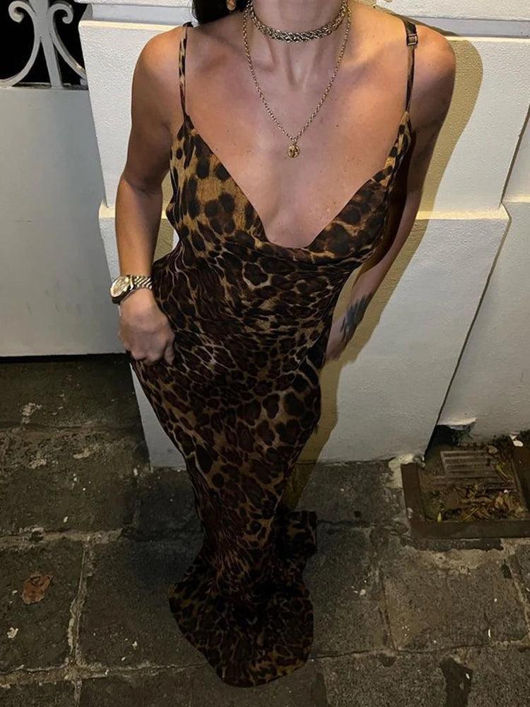 Julissa Mo Leopard Print V-Neck Sexy Bodycon Long Dress Women Lace Up Backless Summer Dresses Female Straps Party Beach Vestidos - E-line.com