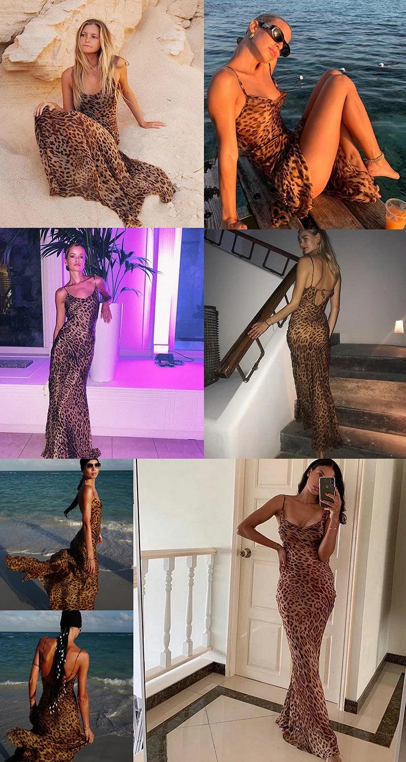 Julissa Mo Leopard Print V-Neck Sexy Bodycon Long Dress Women Lace Up Backless Summer Dresses Female Straps Party Beach Vestidos - E-line.com