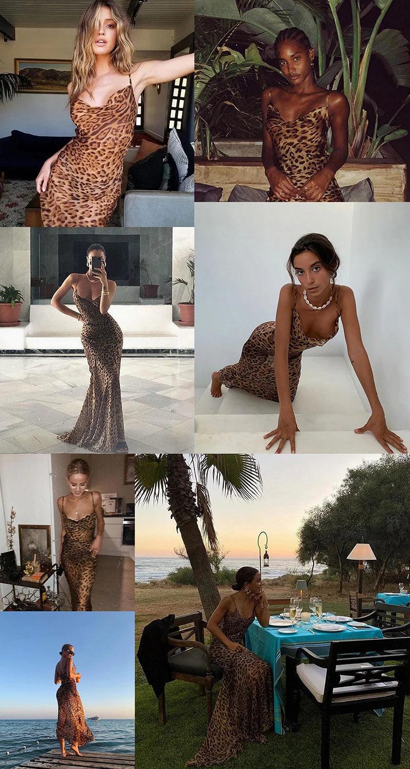 Julissa Mo Leopard Print V-Neck Sexy Bodycon Long Dress Women Lace Up Backless Summer Dresses Female Straps Party Beach Vestidos - E-line.com