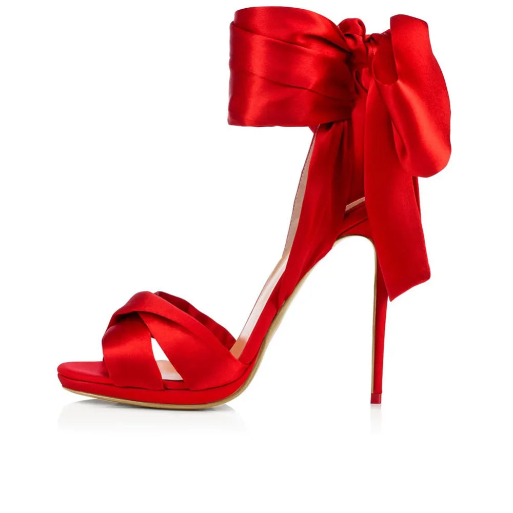 Elegant Summer Women's Sandals Peep Toe High Heel Shoes Stilettos Lace Up Wedding Ceremony Party Heels Black Red Satin Customize