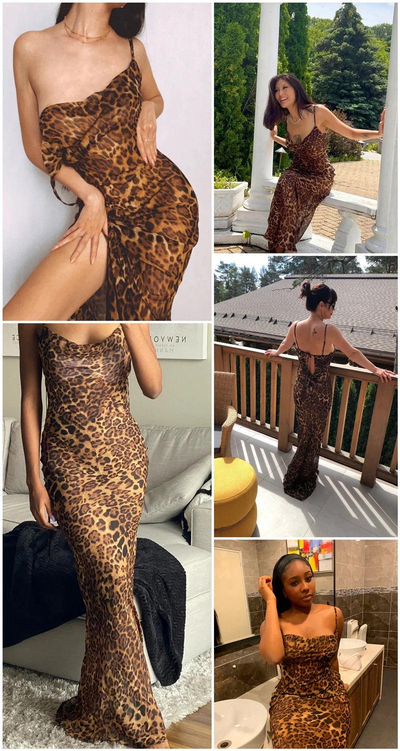 Julissa Mo Leopard Print V-Neck Sexy Bodycon Long Dress Women Lace Up Backless Summer Dresses Female Straps Party Beach Vestidos - E-line.com