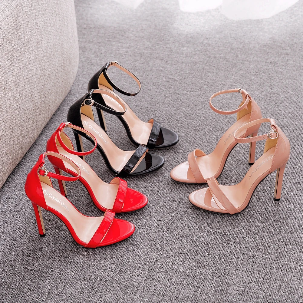 Crystal Queen Sexy Black Women Dress Sandals Fashion 11CM Spike High Heel Lady Party Shoes Plus Big Size 10 45 47