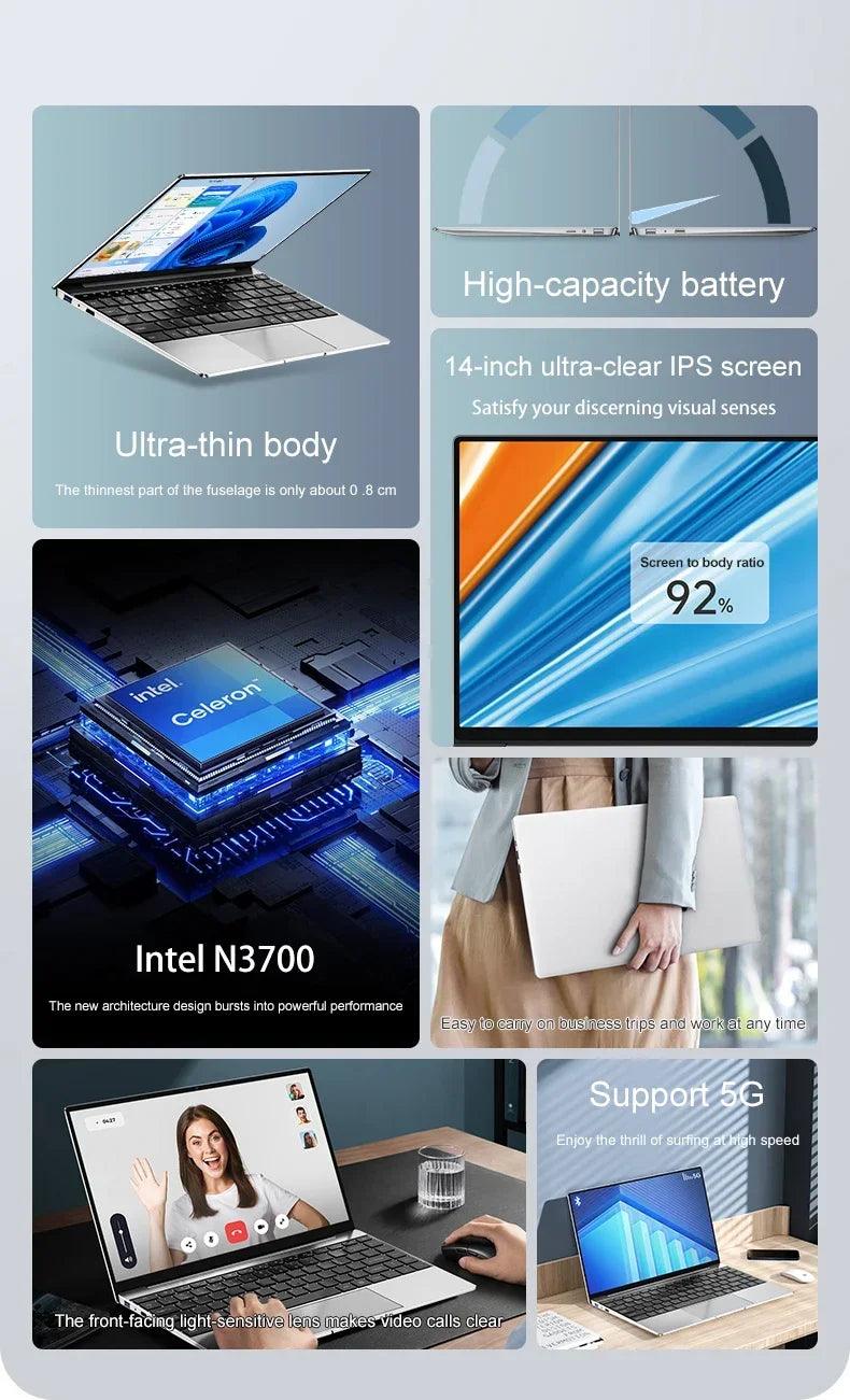 Laptop Intel Pentium N3700 16GB RAM 1024GB SSD Notebook 1920*1080 Resolution Windows 11 Unlock Computer Office Study Gamer PC