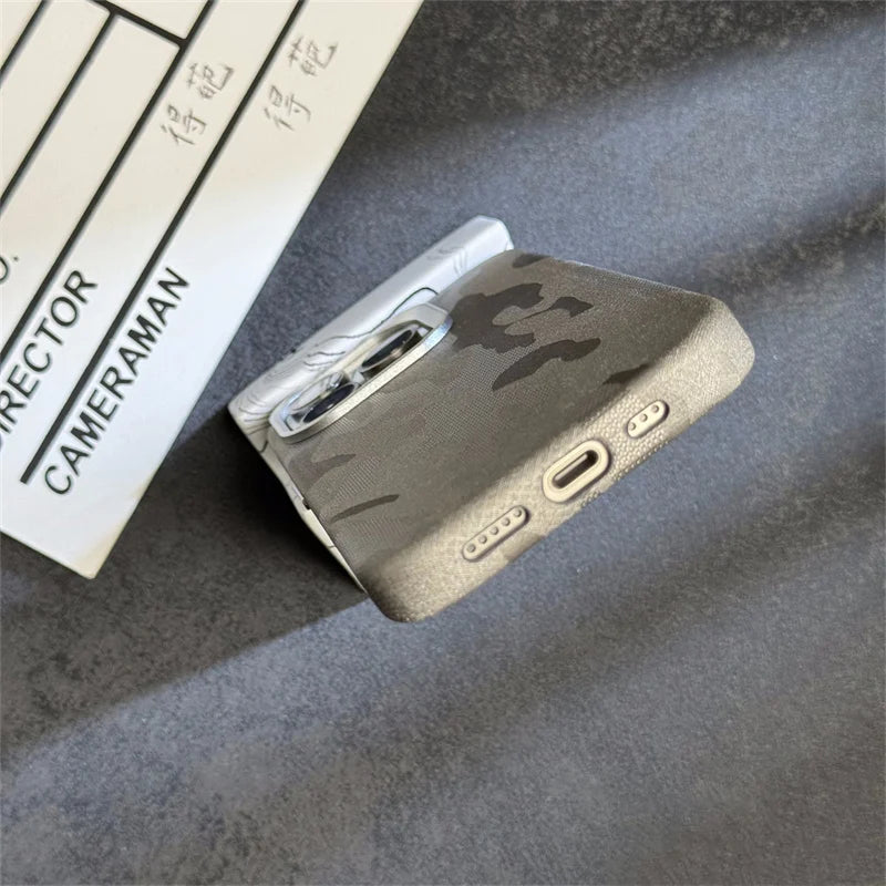 INS Camouflage Leather Wireless charging MagSafe Case for iphone 15 13 14pro 12 15pro 14 pro max Lens protection armor cover