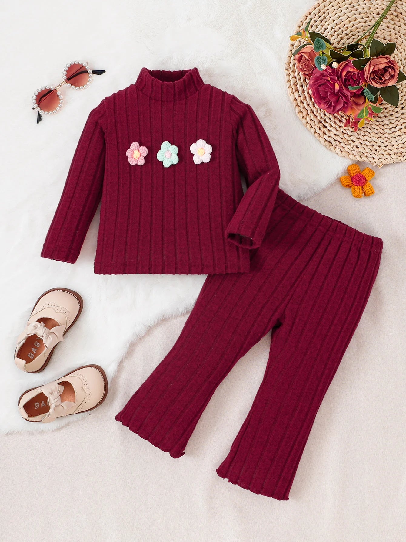 Girl baby Set Half High Collar Solid Color Small Flower Tops +Pants Fashion 2pcs/Set 0-3 Years Cute Girl baby Spring Autumn Set