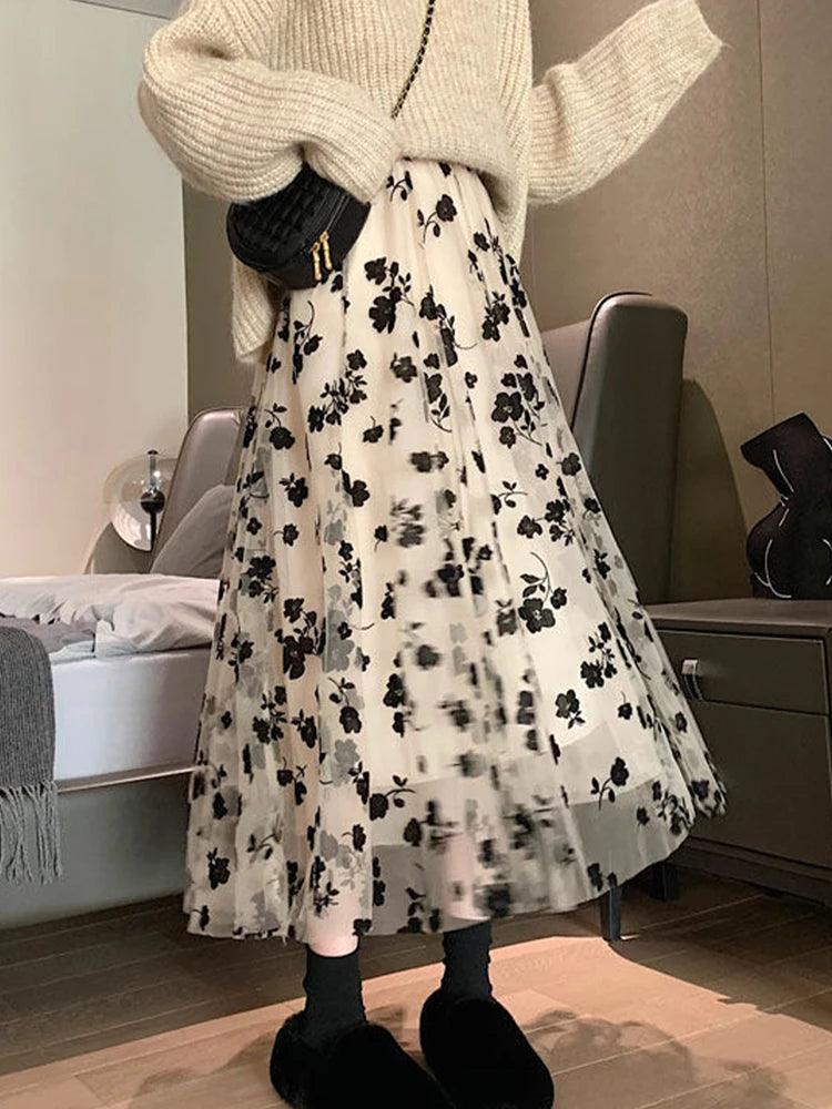 Mesh Floral Skirt For Women 2024 Spring New Lace Flocking Fashion Big Swing Elastic High Waisted Elegant Mujer Party A-Line - E-line.com