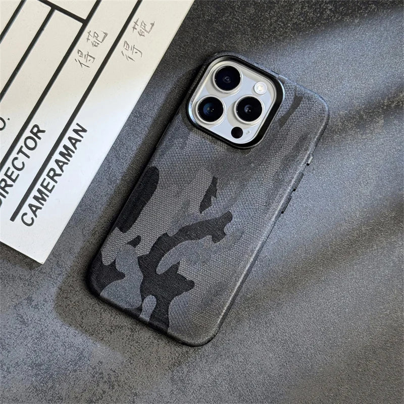 INS Camouflage Leather Wireless charging MagSafe Case for iphone 15 13 14pro 12 15pro 14 pro max Lens protection armor cover
