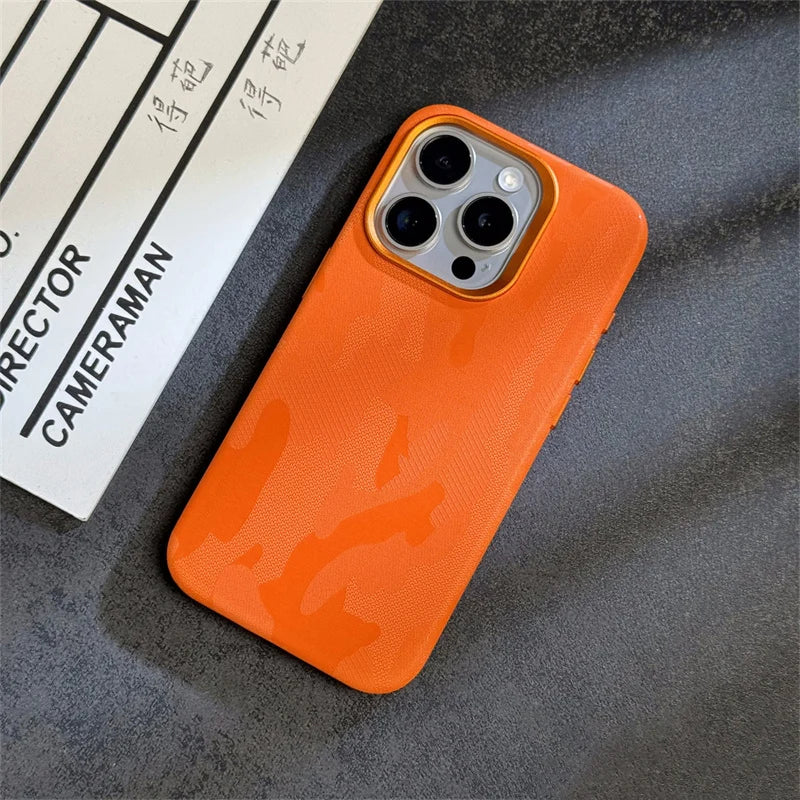 INS Camouflage Leather Wireless charging MagSafe Case for iphone 15 13 14pro 12 15pro 14 pro max Lens protection armor cover