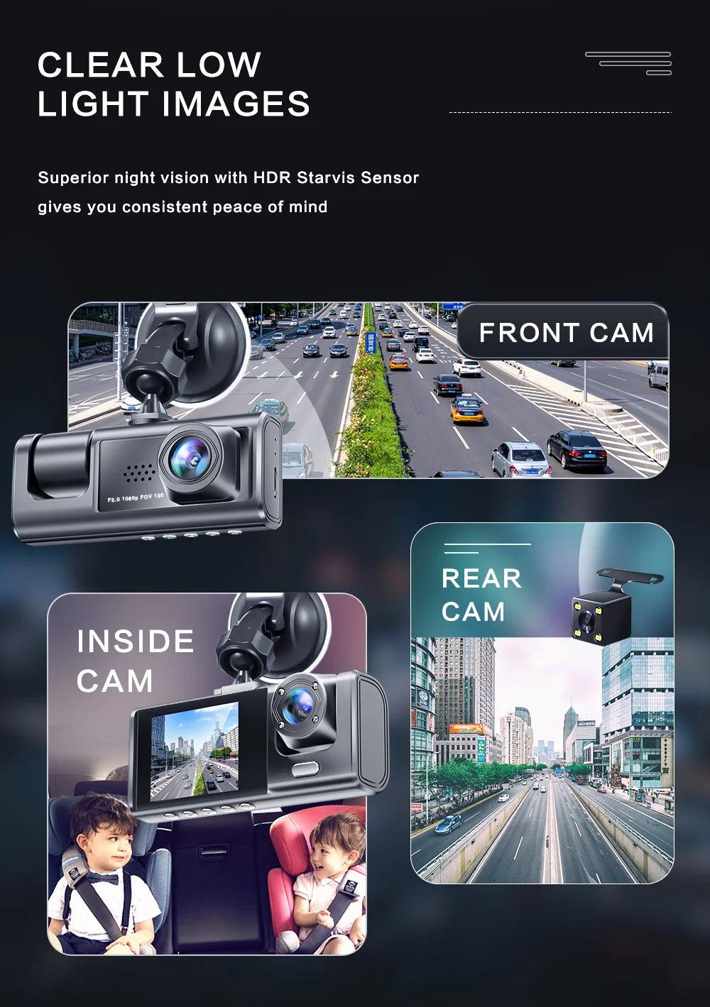 Dash Cam W/ IR Night Vision Loop Recording & 2" IPS Screen 1080P 3 Camera , DVR recorder, video recorder, Vehicle DVR