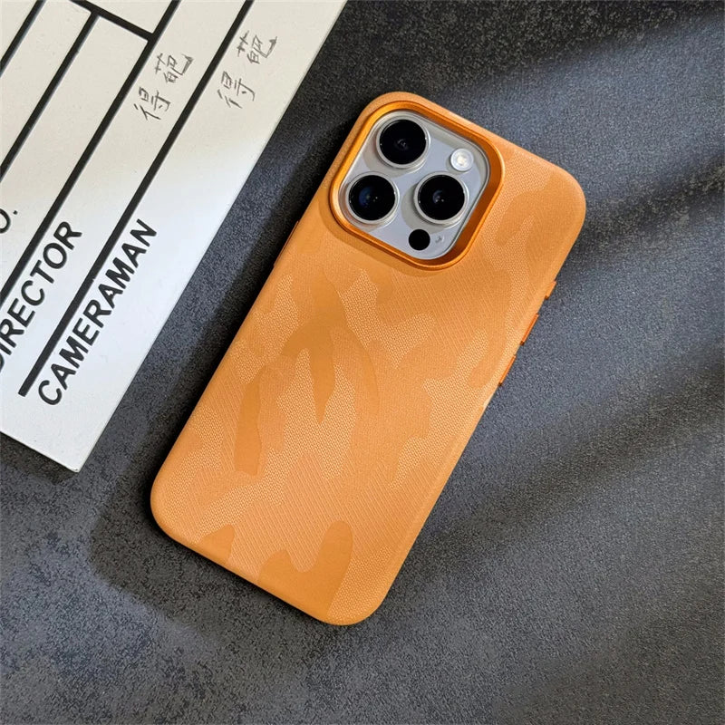 INS Camouflage Leather Wireless charging MagSafe Case for iphone 15 13 14pro 12 15pro 14 pro max Lens protection armor cover