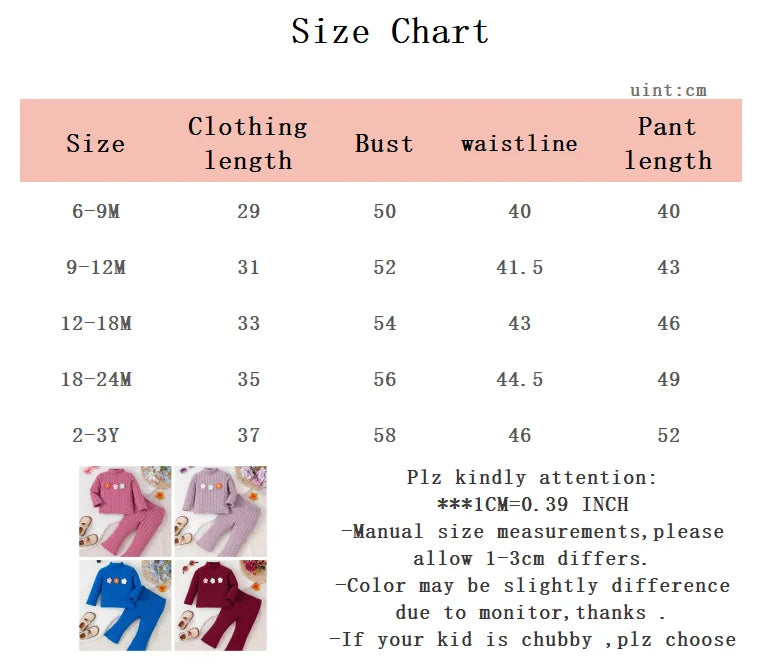 Girl baby Set Half High Collar Solid Color Small Flower Tops +Pants Fashion 2pcs/Set 0-3 Years Cute Girl baby Spring Autumn Set