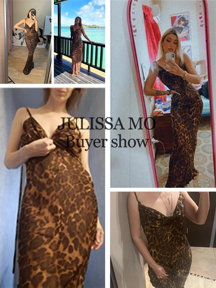 Julissa Mo Leopard Print V-Neck Sexy Bodycon Long Dress Women Lace Up Backless Summer Dresses Female Straps Party Beach Vestidos - E-line.com