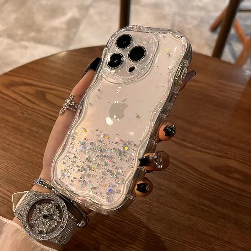 Glitter Wavy Lines Phone Case For iphone 11 12 13 14 15 Pro Max XS Max X XR 7 8 Plus SE 2020 Bumper Transparent Cases Cover