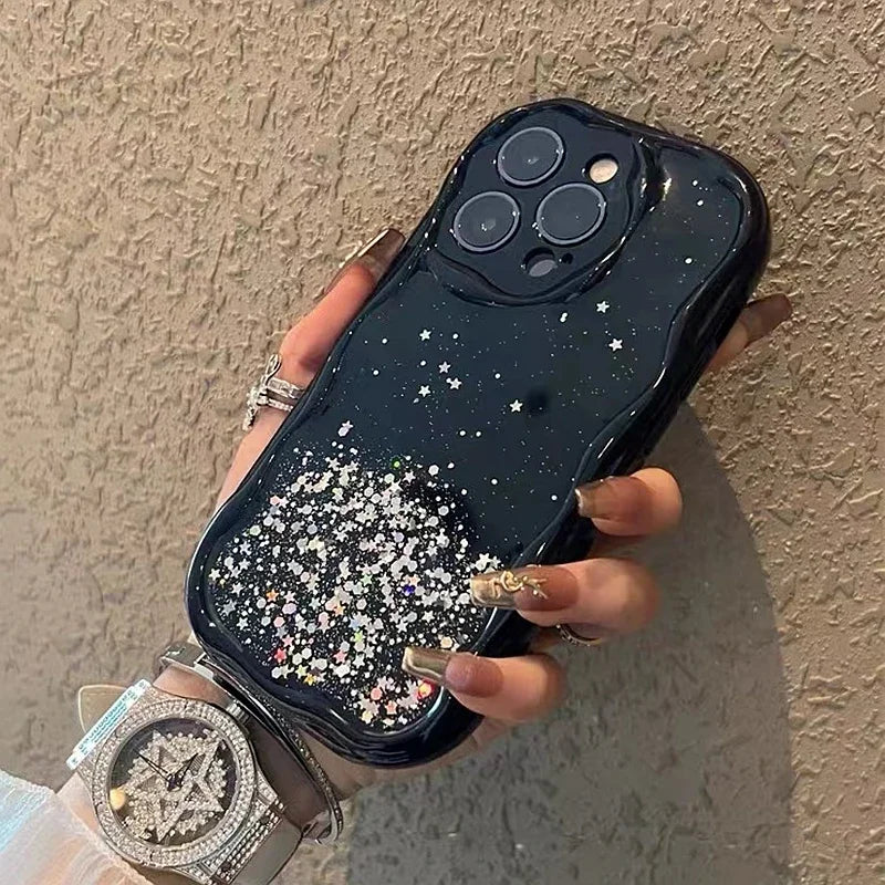 Glitter Wavy Lines Phone Case For iphone 11 12 13 14 15 Pro Max XS Max X XR 7 8 Plus SE 2020 Bumper Transparent Cases Cover