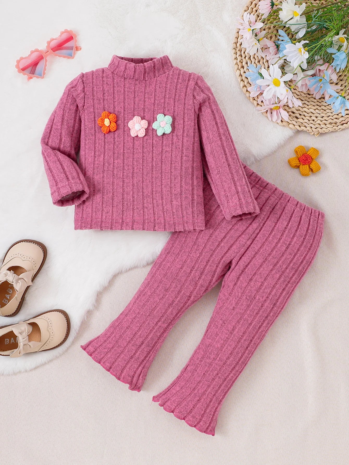 Girl baby Set Half High Collar Solid Color Small Flower Tops +Pants Fashion 2pcs/Set 0-3 Years Cute Girl baby Spring Autumn Set
