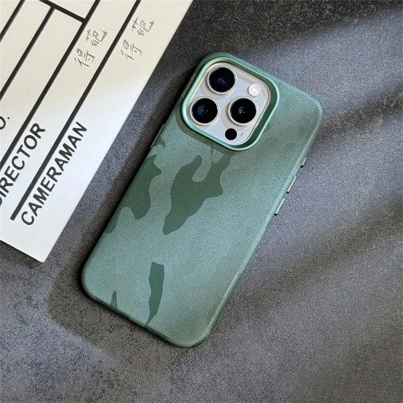 INS Camouflage Leather Wireless charging MagSafe Case for iphone 15 13 14pro 12 15pro 14 pro max Lens protection armor cover