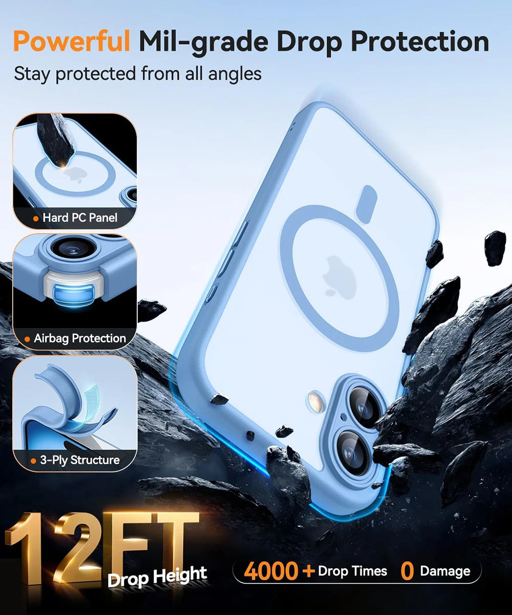 Magnetic Luxury Armor Shockproof Case For iPhone 16 15 14 13 Pro Max Plus For Magsafe Wireless Charge Cover Matte Translucent PC