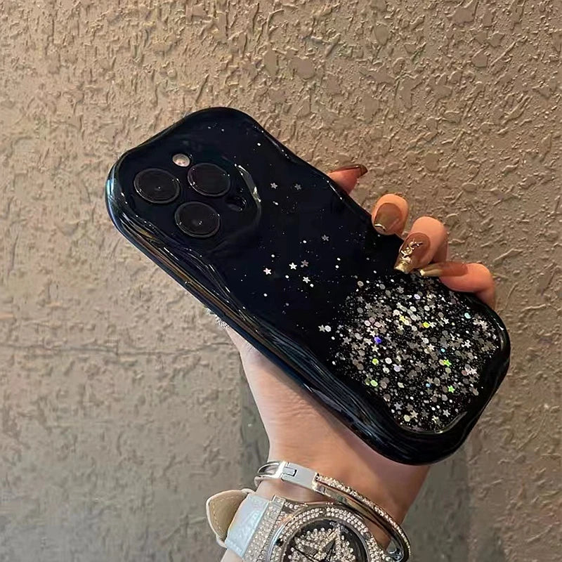 Glitter Wavy Lines Phone Case For iphone 11 12 13 14 15 Pro Max XS Max X XR 7 8 Plus SE 2020 Bumper Transparent Cases Cover