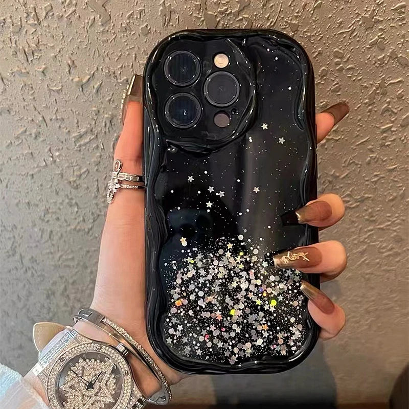 Glitter Wavy Lines Phone Case For iphone 11 12 13 14 15 Pro Max XS Max X XR 7 8 Plus SE 2020 Bumper Transparent Cases Cover