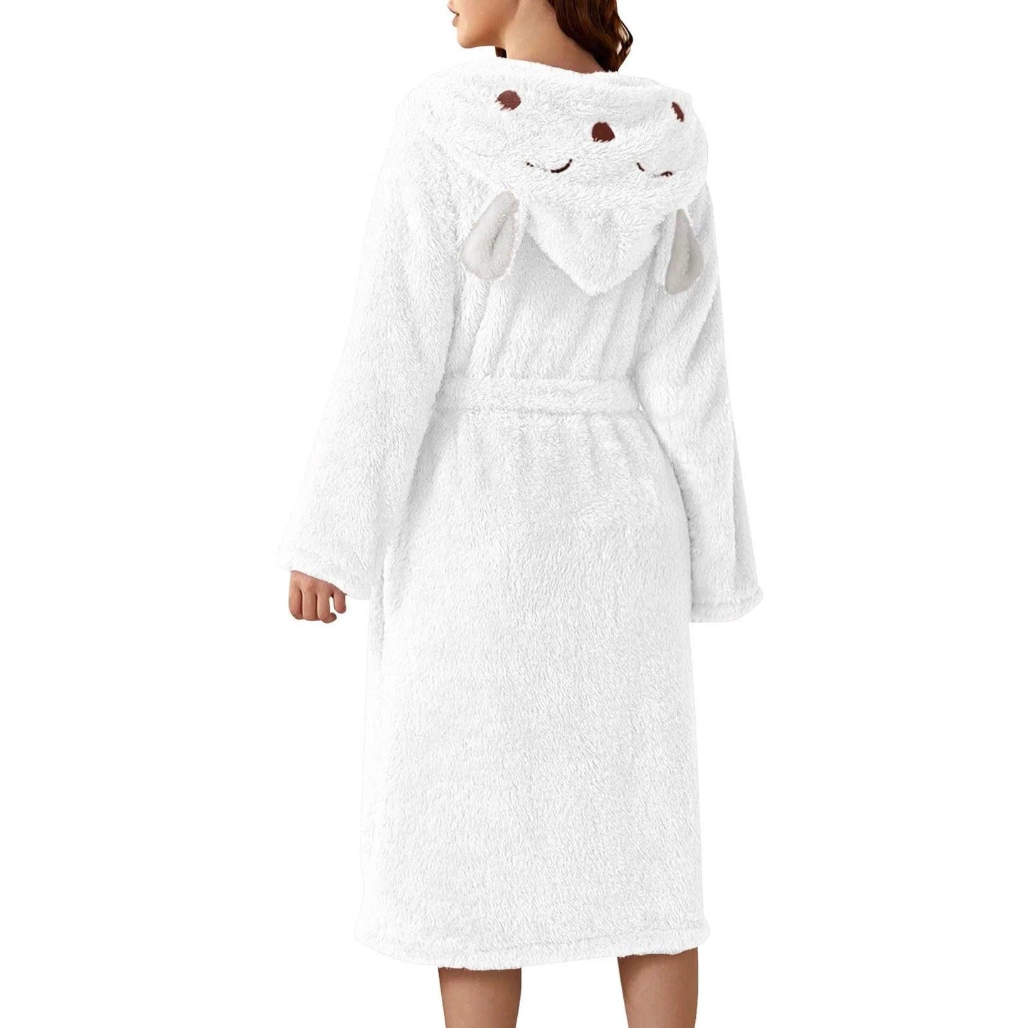Autumn Cute Rabbit Ear Women's Flannel Bath Robes Thicken Warm Hooded Wine Blue Green Bathrobes Ladies Lace-up Velvet Pajamas - E-line.com