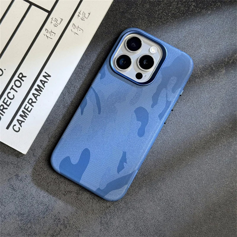 INS Camouflage Leather Wireless charging MagSafe Case for iphone 15 13 14pro 12 15pro 14 pro max Lens protection armor cover