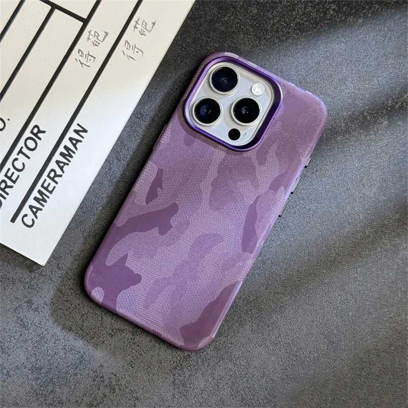 INS Camouflage Leather Wireless charging MagSafe Case for iphone 15 13 14pro 12 15pro 14 pro max Lens protection armor cover