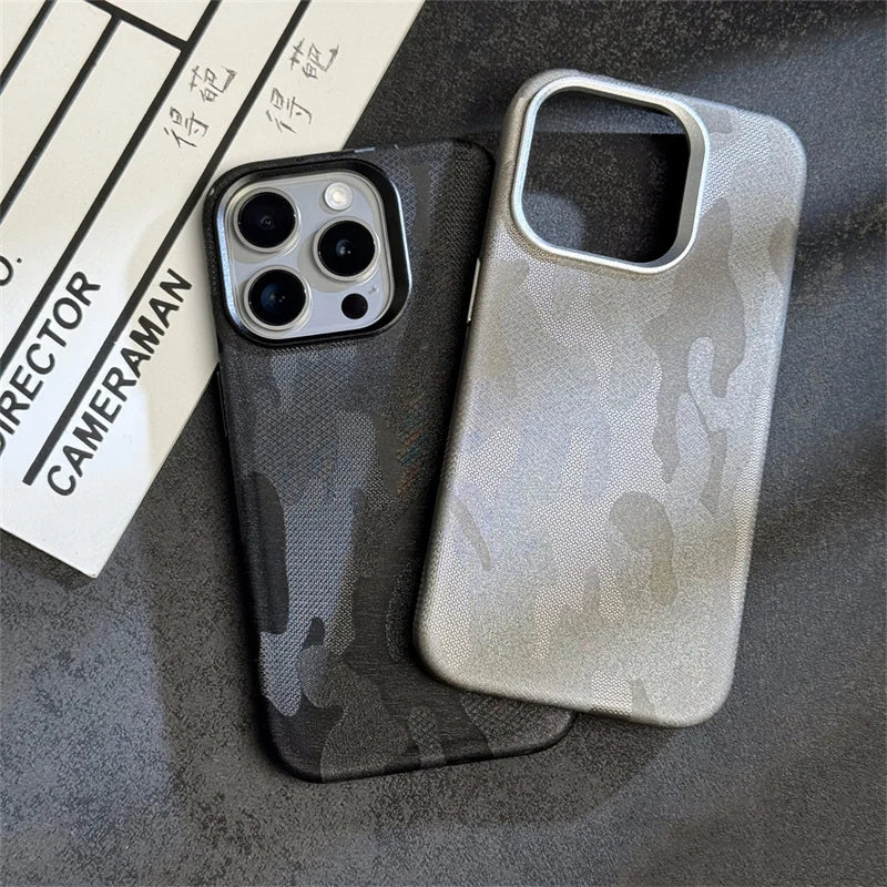 INS Camouflage Leather Wireless charging MagSafe Case for iphone 15 13 14pro 12 15pro 14 pro max Lens protection armor cover