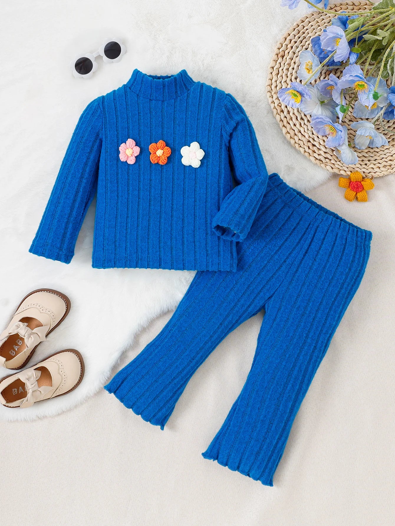 Girl baby Set Half High Collar Solid Color Small Flower Tops +Pants Fashion 2pcs/Set 0-3 Years Cute Girl baby Spring Autumn Set