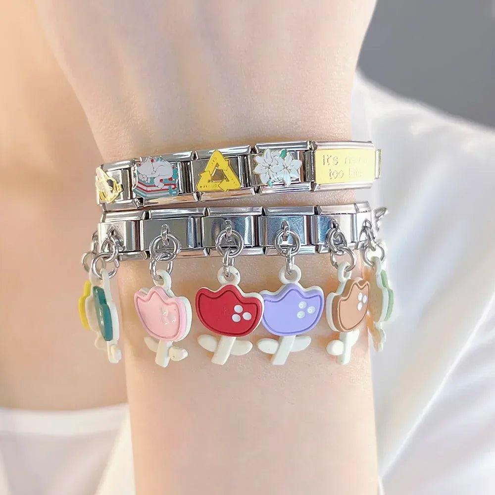 Hapiship 2023 Fashion Charm Italian Links Flower Flower Bee Tent Fit 9mm Bracelet Stainless Steel Making DIY Jewelry DJ661-C - E-line.com