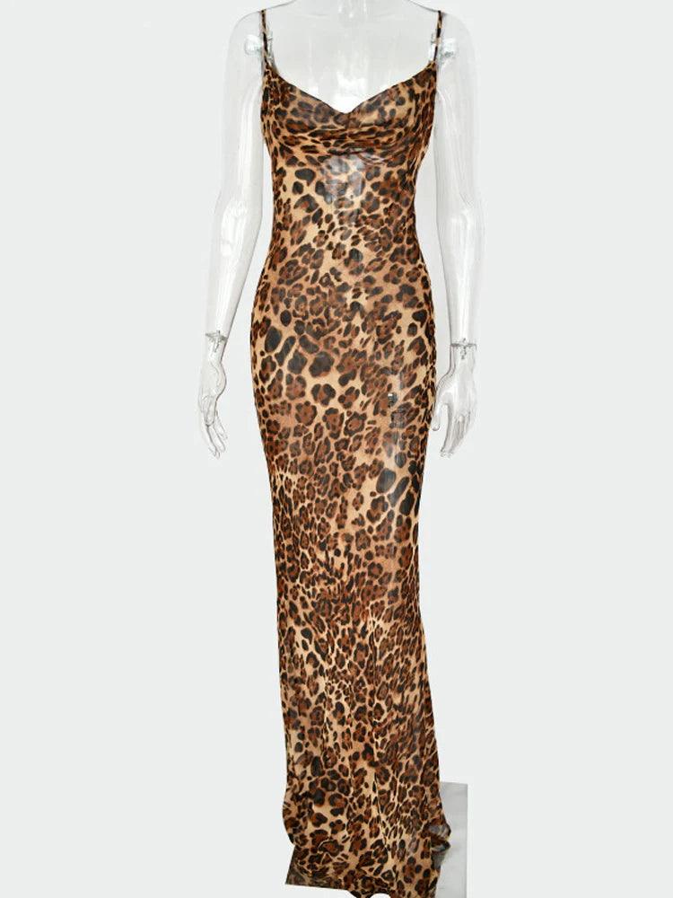 Julissa Mo Leopard Print V-Neck Sexy Bodycon Long Dress Women Lace Up Backless Summer Dresses Female Straps Party Beach Vestidos - E-line.com