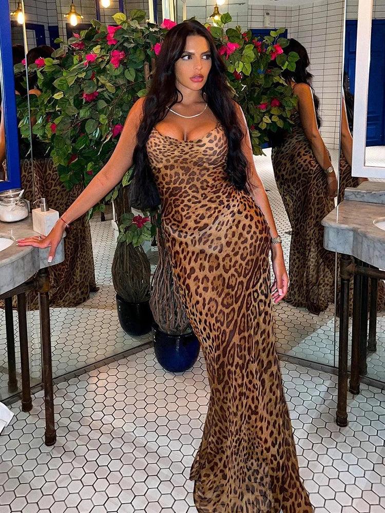 Julissa Mo Leopard Print V-Neck Sexy Bodycon Long Dress Women Lace Up Backless Summer Dresses Female Straps Party Beach Vestidos - E-line.com