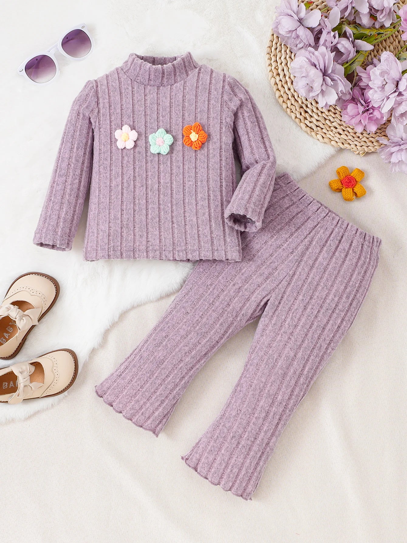 Girl baby Set Half High Collar Solid Color Small Flower Tops +Pants Fashion 2pcs/Set 0-3 Years Cute Girl baby Spring Autumn Set