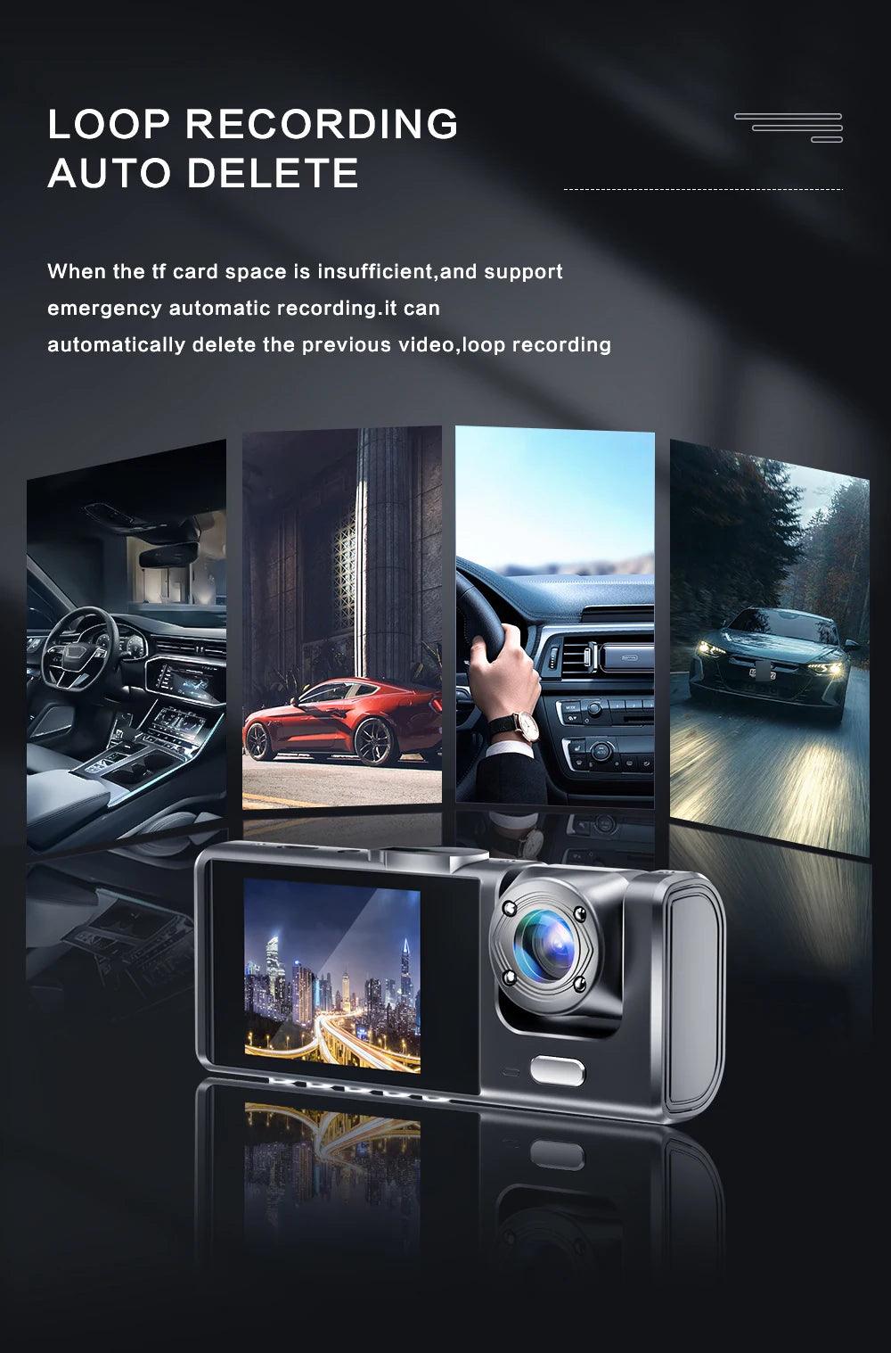 Dash Cam W/ IR Night Vision Loop Recording & 2" IPS Screen 1080P 3 Camera , DVR recorder, video recorder, Vehicle DVR