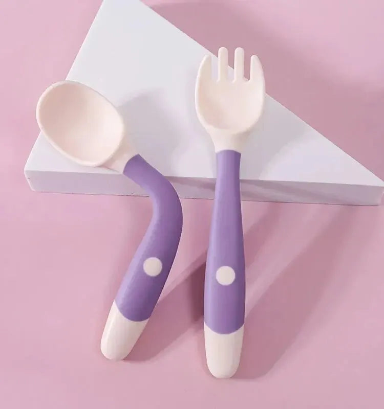 Heat Resistant Food Flexible PP Baby Rotatable Training Spoon and Fork Feeding Spoons