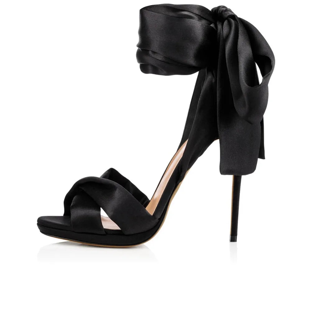 Elegant Summer Women's Sandals Peep Toe High Heel Shoes Stilettos Lace Up Wedding Ceremony Party Heels Black Red Satin Customize
