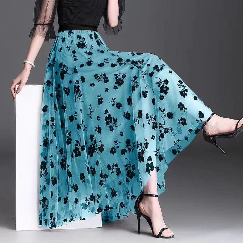 Mesh Floral Skirt For Women 2024 Spring New Lace Flocking Fashion Big Swing Elastic High Waisted Elegant Mujer Party A-Line - E-line.com