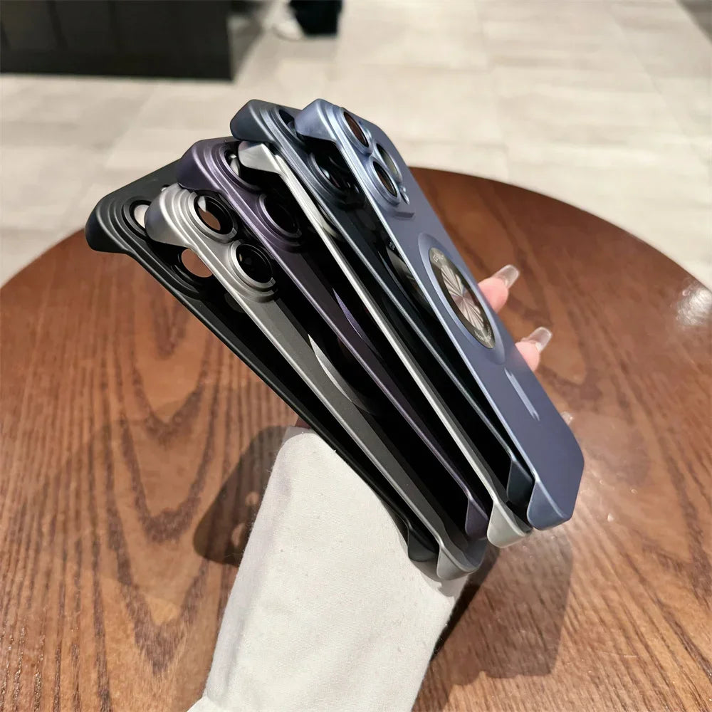 Borderless Magsafe Cover for iPhone 13 12 14 15 16 Pro Max Logo Hole Case for iPhone 14 Pro Plating Matte Ultra Thin Hard Case