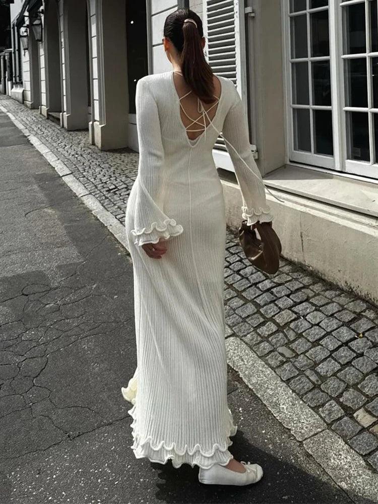 Fashion Flared Sleeves Lace Hem Maxi Dress Lady Elegant Solid Back Lace Up Long Dress Female Casual Streetwear Club Party Robes - E-line.com