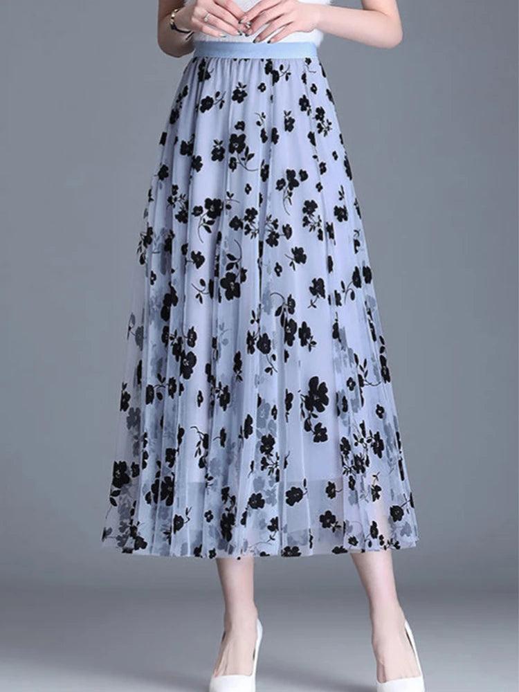 Mesh Floral Skirt For Women 2024 Spring New Lace Flocking Fashion Big Swing Elastic High Waisted Elegant Mujer Party A-Line - E-line.com