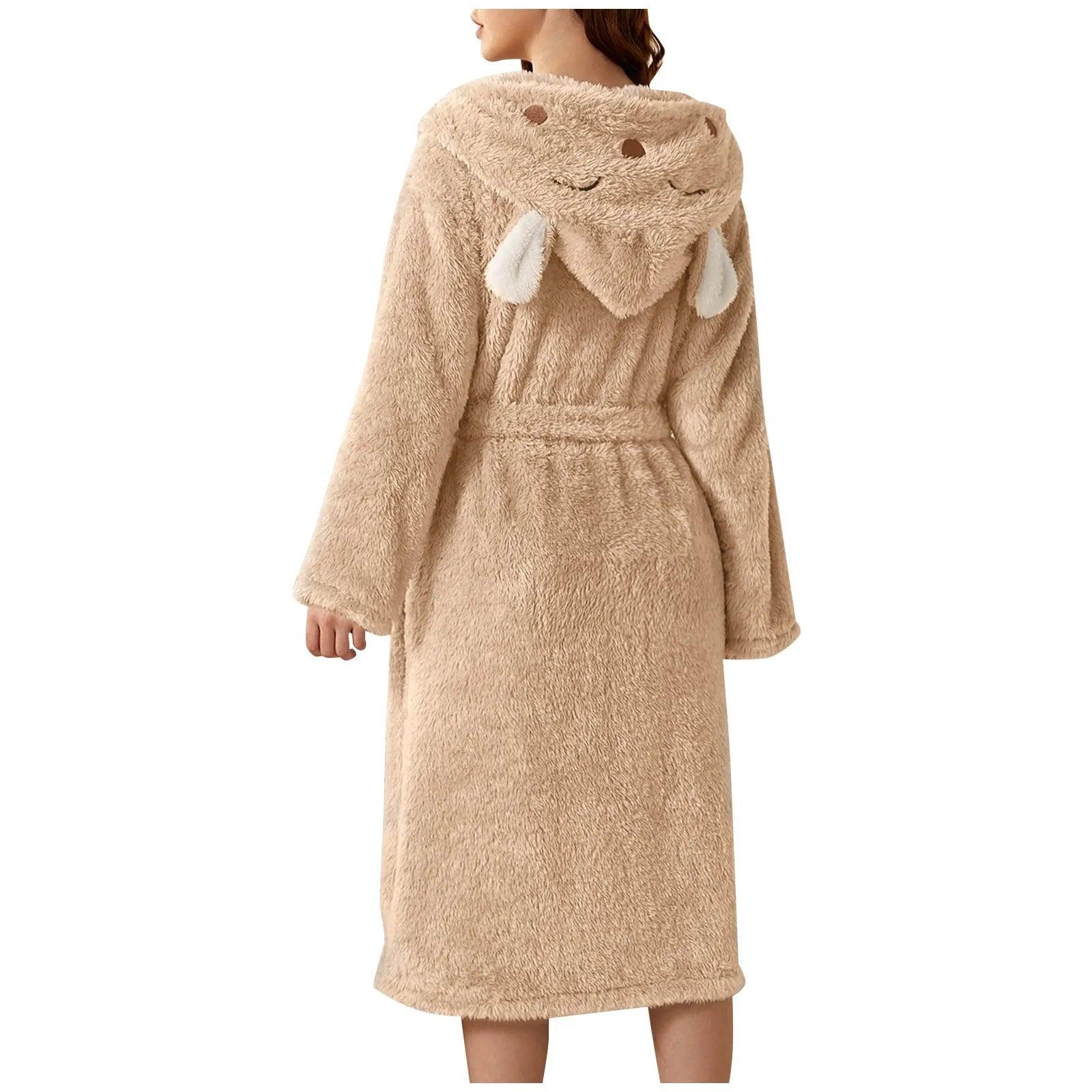 Autumn Cute Rabbit Ear Women's Flannel Bath Robes Thicken Warm Hooded Wine Blue Green Bathrobes Ladies Lace-up Velvet Pajamas - E-line.com