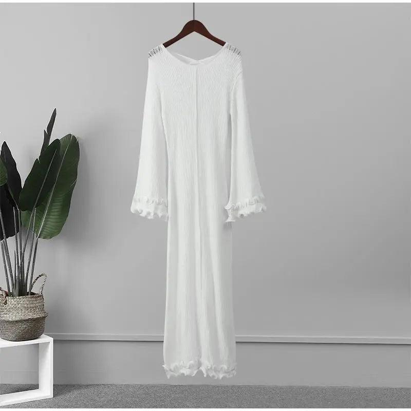 Fashion Flared Sleeves Lace Hem Maxi Dress Lady Elegant Solid Back Lace Up Long Dress Female Casual Streetwear Club Party Robes - E-line.com