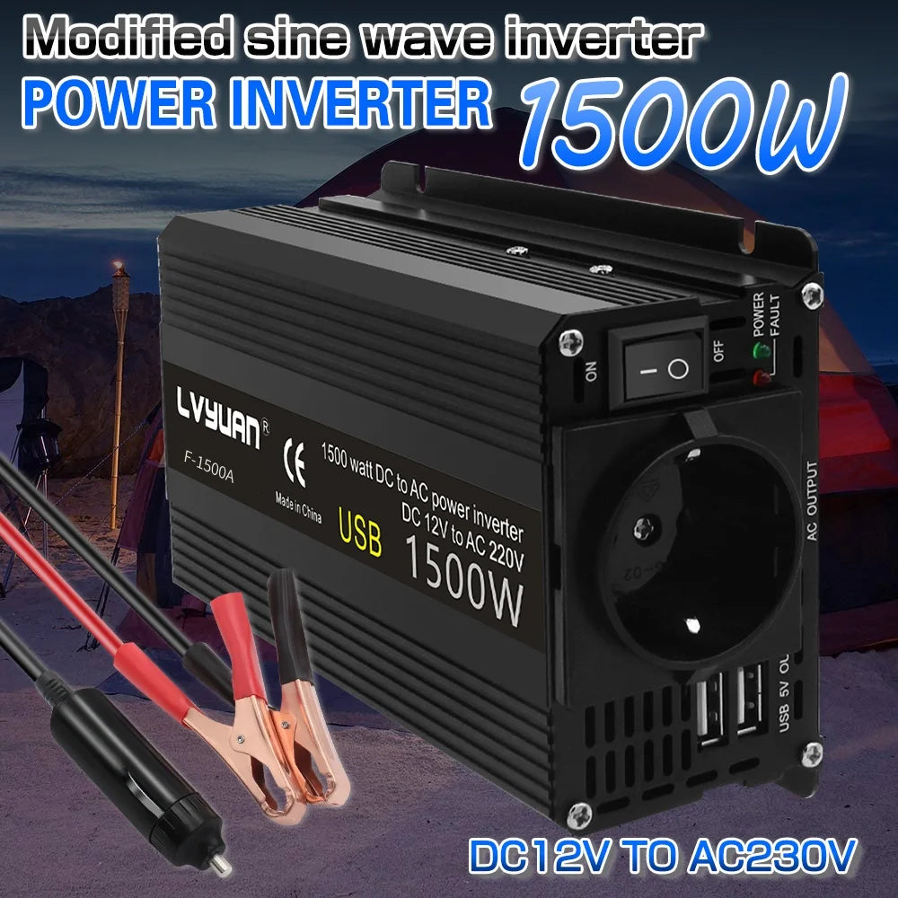 1500W/2000W Solar Power Inverter DC 12V to AC 220V 230V Voltage Converter EU Socket Car Cigarette Lighter Plug Auto Accessories