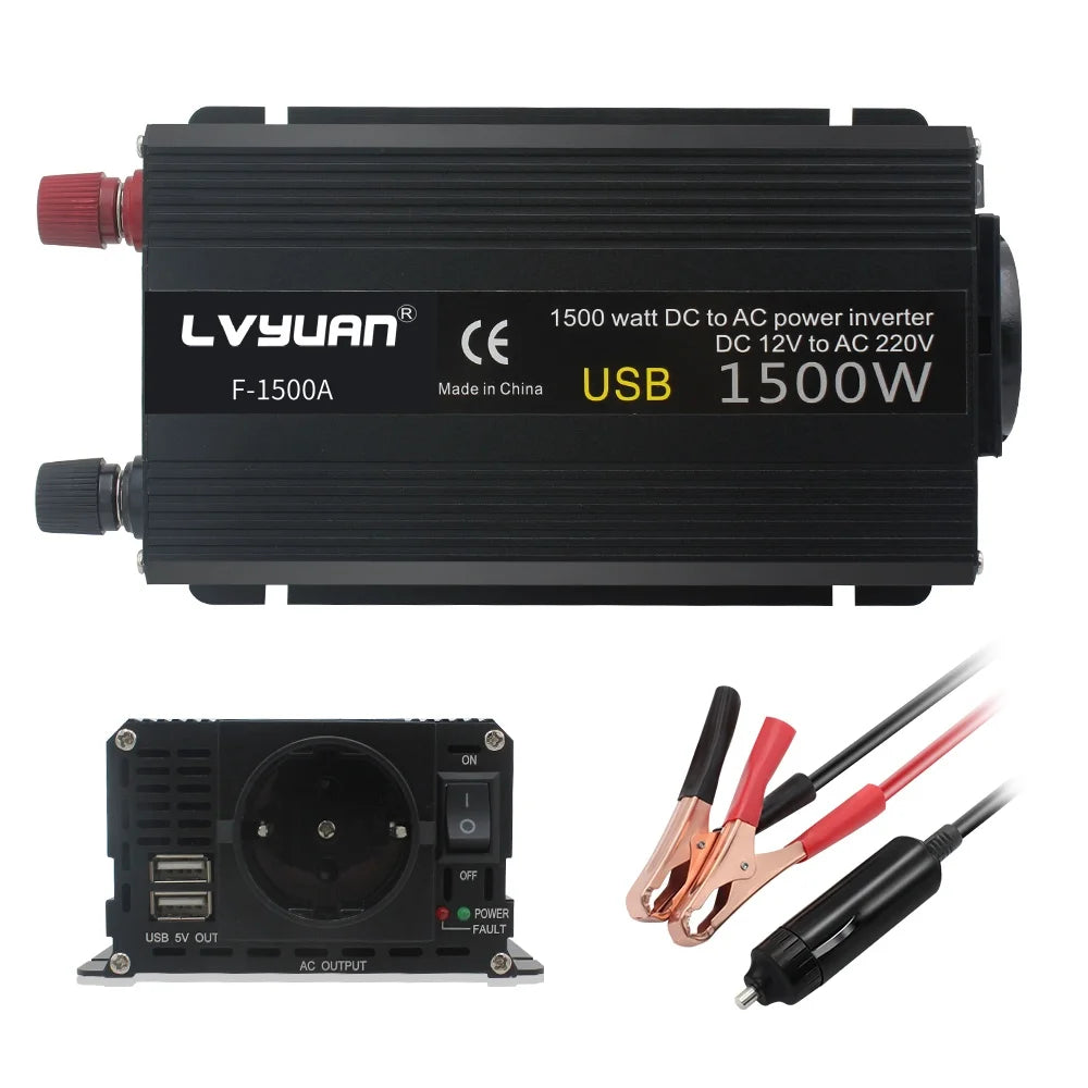 1500W/2000W Solar Power Inverter DC 12V to AC 220V 230V Voltage Converter EU Socket Car Cigarette Lighter Plug Auto Accessories