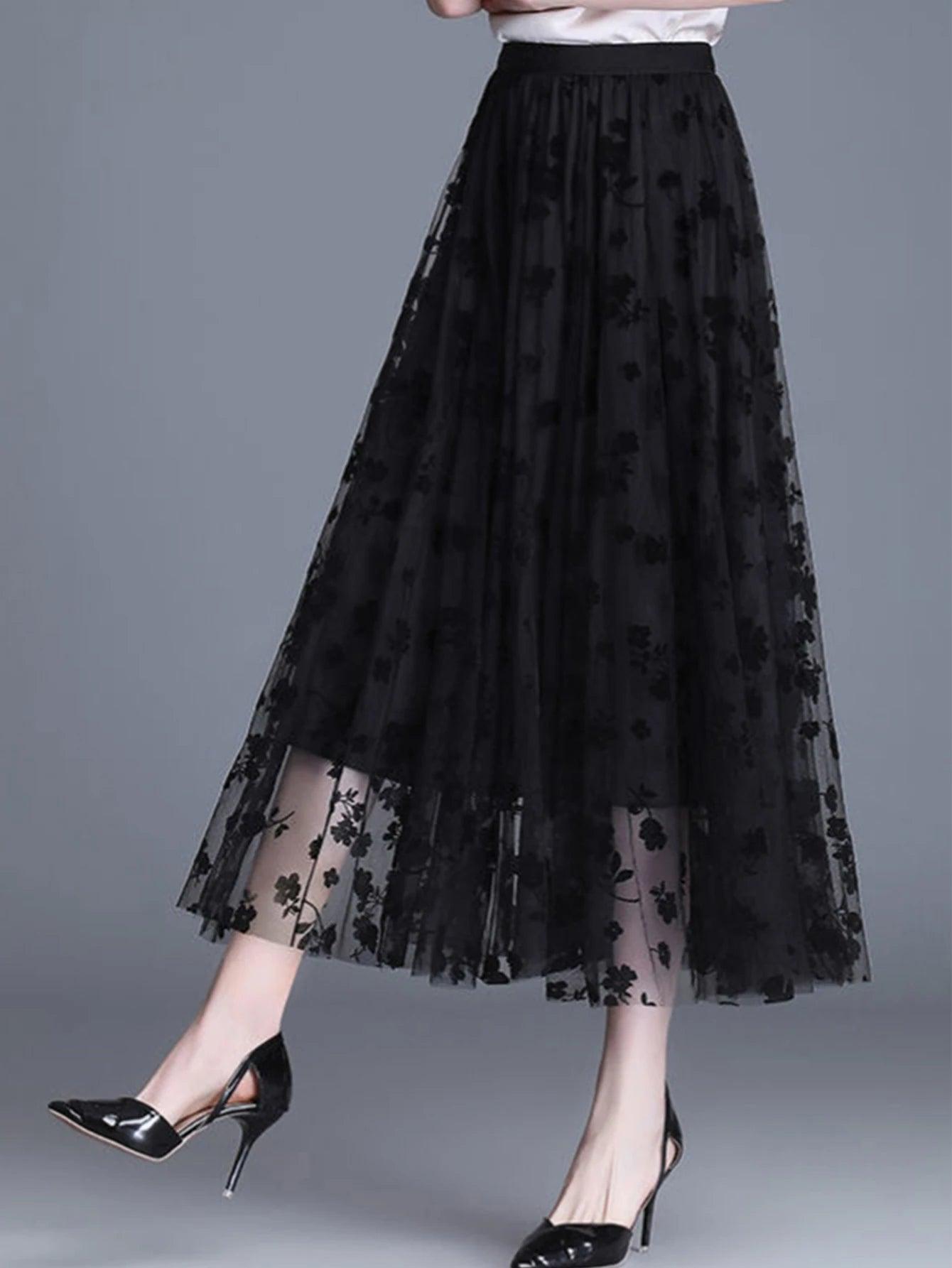 Mesh Floral Skirt For Women 2024 Spring New Lace Flocking Fashion Big Swing Elastic High Waisted Elegant Mujer Party A-Line - E-line.com