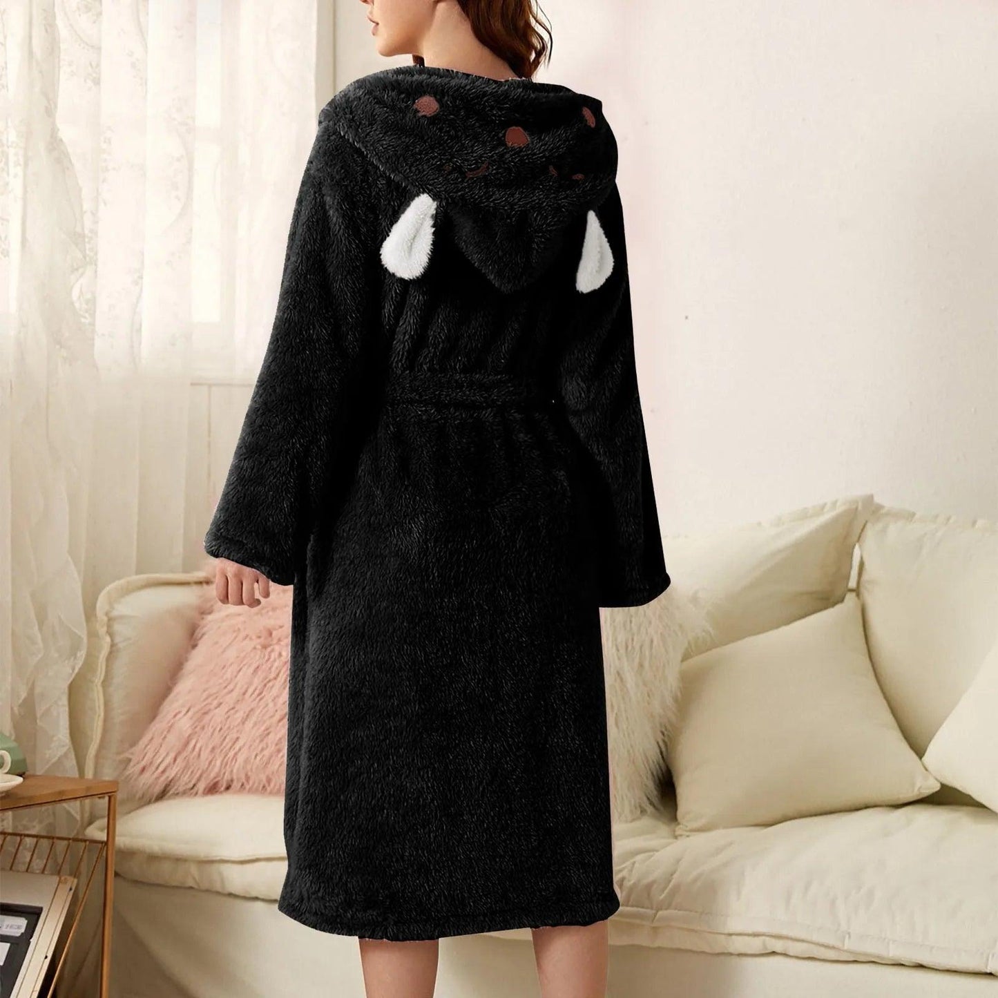 Autumn Cute Rabbit Ear Women's Flannel Bath Robes Thicken Warm Hooded Wine Blue Green Bathrobes Ladies Lace-up Velvet Pajamas - E-line.com