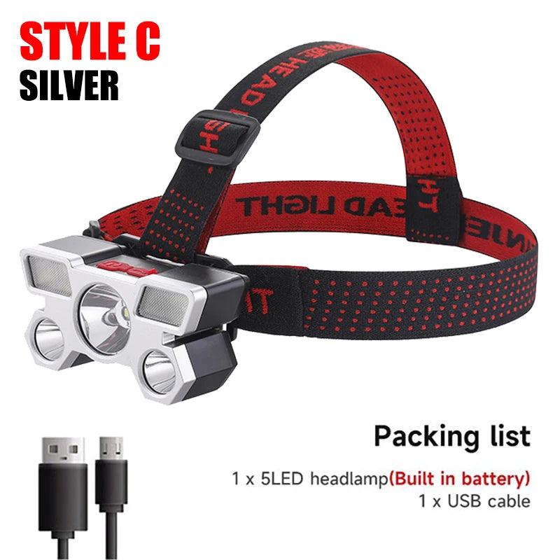 5 LED Headlamp Rechargeable with Built in 18650 Battery Strong Light Headlight Camping Adventure Fishing Head Light Flashlight - E-line.com