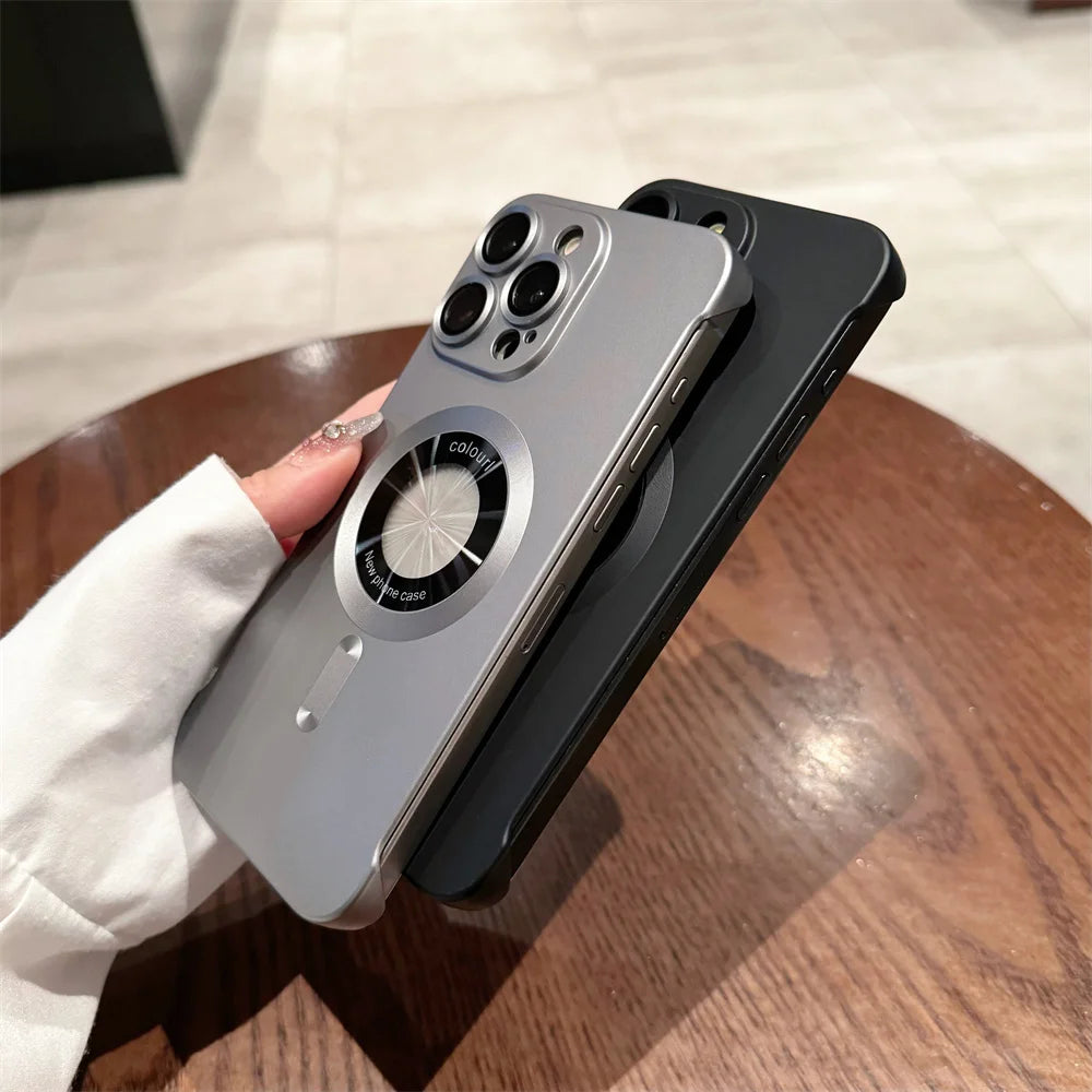 Borderless Magsafe Cover for iPhone 13 12 14 15 16 Pro Max Logo Hole Case for iPhone 14 Pro Plating Matte Ultra Thin Hard Case