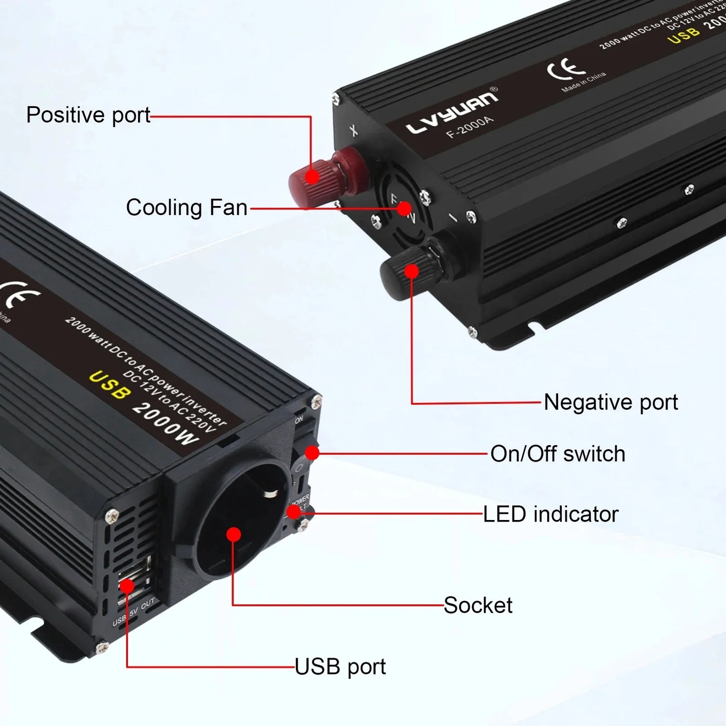 1500W/2000W Solar Power Inverter DC 12V to AC 220V 230V Voltage Converter EU Socket Car Cigarette Lighter Plug Auto Accessories
