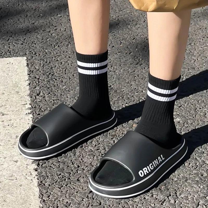 Feslishoet Women Letter Slippers Beach Slides Solid Color Mens Thick Sole Indoor Bathroom Anti Slip Shoes Summer Couple Sandals - E-line.com